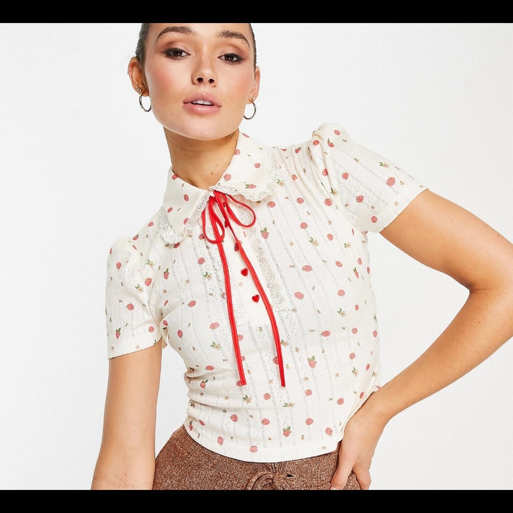 Lost Ink collar puff sleeve button up bow top